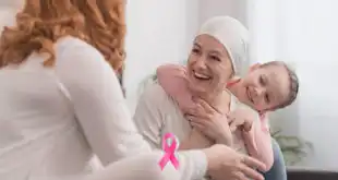 mulher com câncer de mama rindo e brincando com outras pessoas