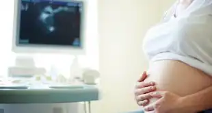 mulher grávida em frente ao monitor da ultrassonografia em consulta de rotina para avaliar doenças renais